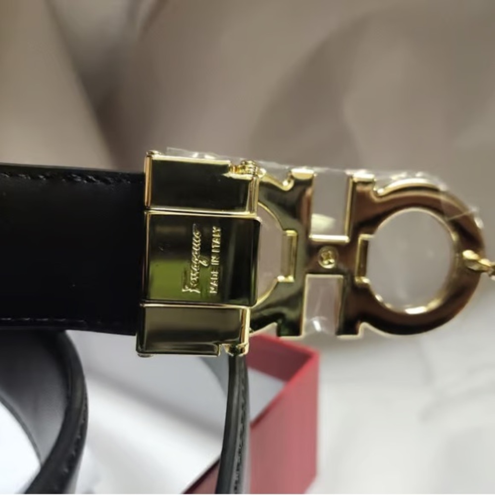 Salvatore Ferragamo Black Gold Gancini Leather Belt - Picture 5 of 6